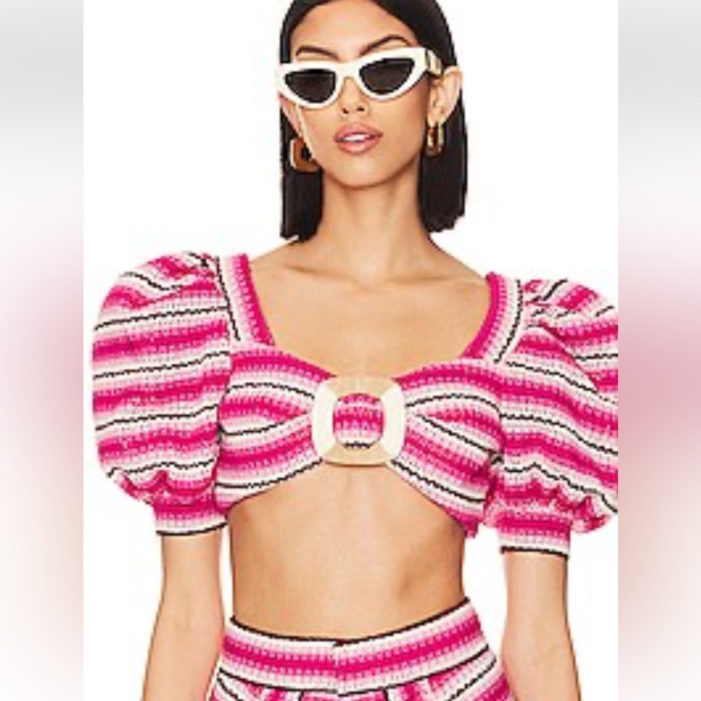 PatBO Pink Striped Puff-Sleeve Crochet Crop Top